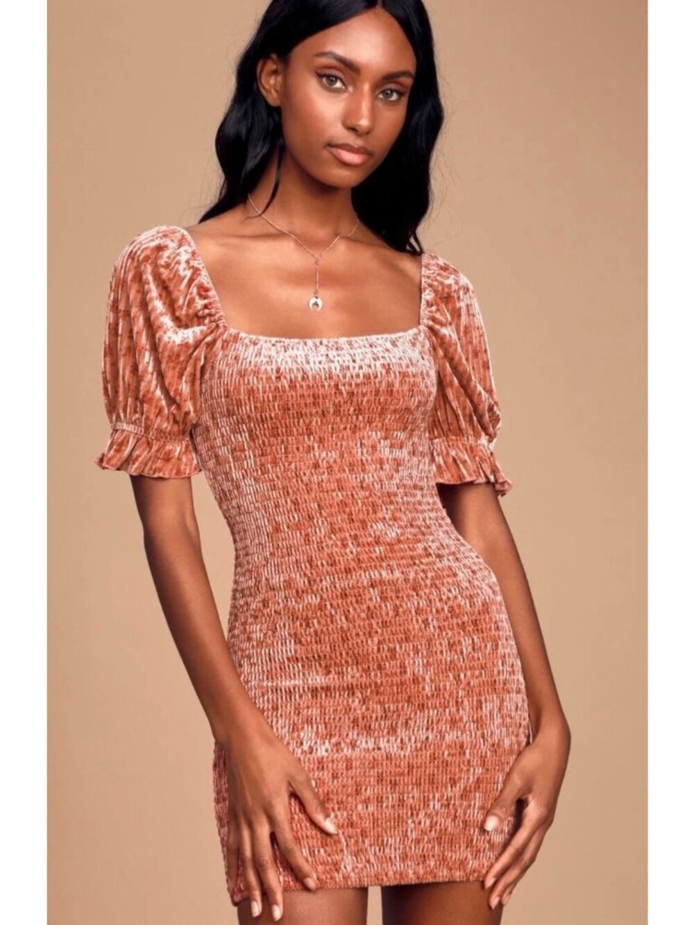 LULU'S Rusty Rose Fleur-ever Floral Print Velvet Smocked Mini-Length Dress Large
